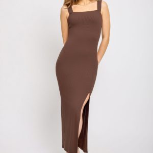 Ribbed Square-Neck Maxi Dress with Side Slit