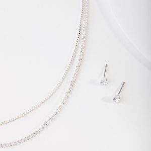 Cubic Zirconia Multi-Layered Necklace & Earrings Set