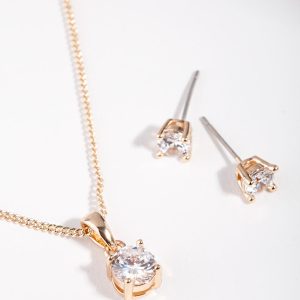 Diamond Simulant Gold Stone Earrings Necklace Set