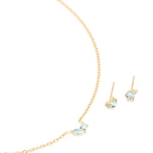 Waterproof Gold Plated Stainless Steel March Blue Cubic Zirconia Birthstone Necklace & Earrings Set